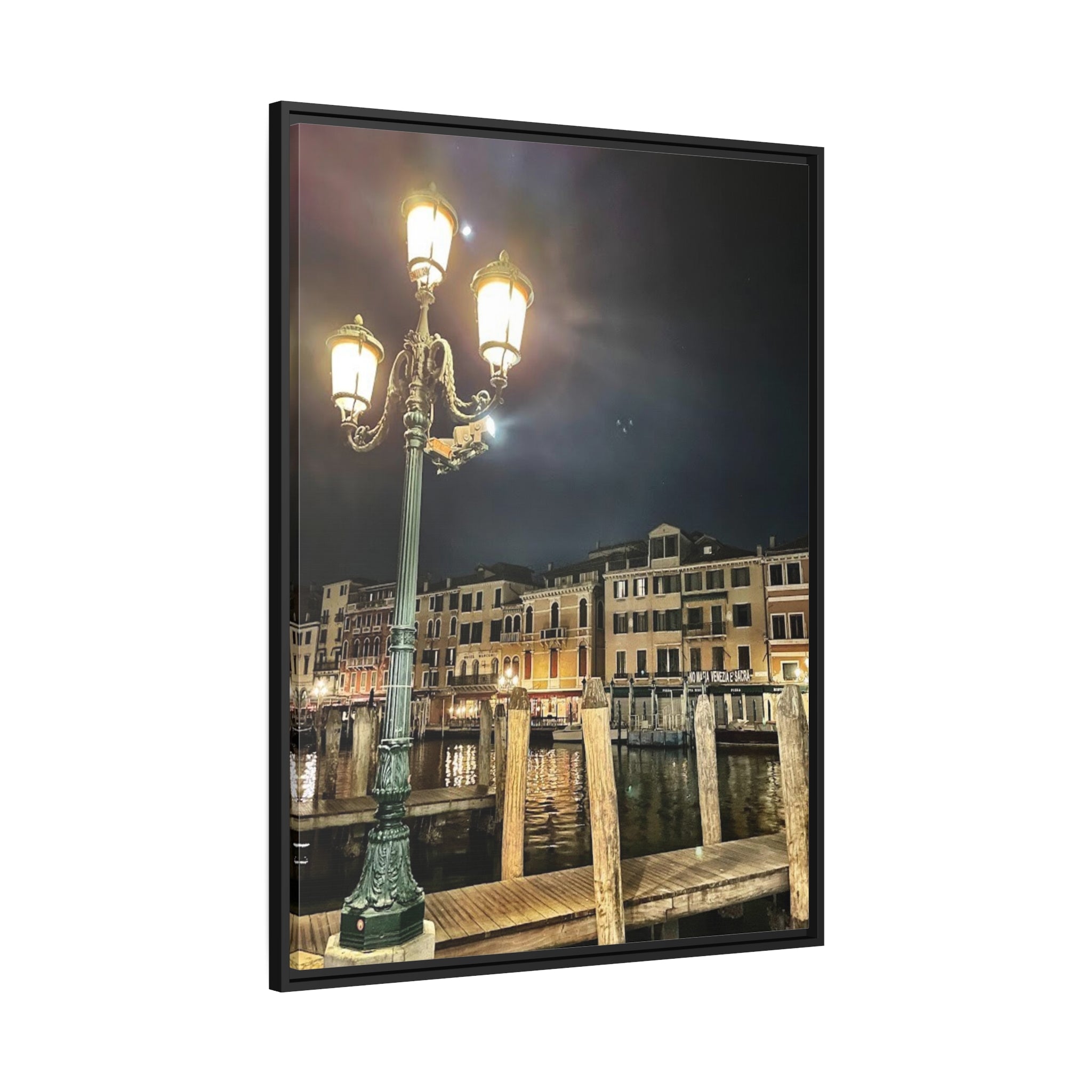 Nighttime in Venice Italy, Matte Canvas, Black Frame