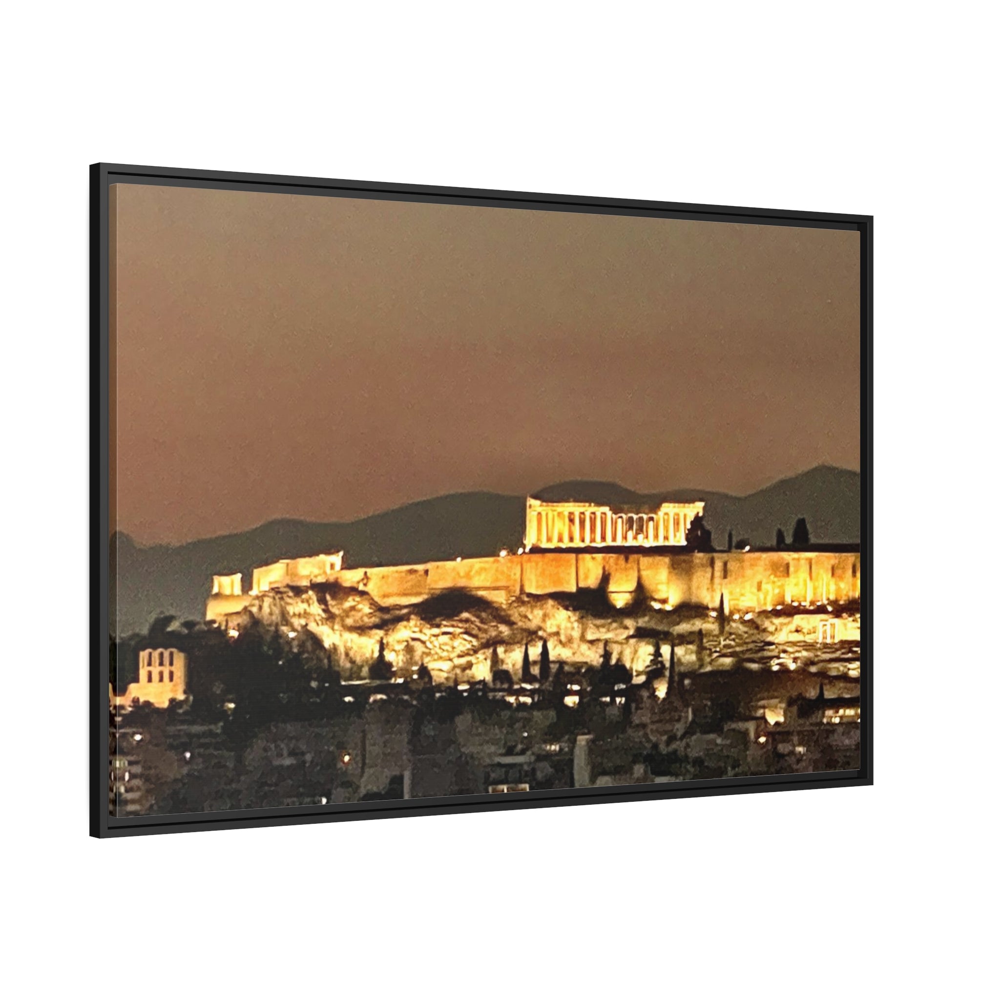 Acroplis in Greece at Night Matte Canvas, Black Frame