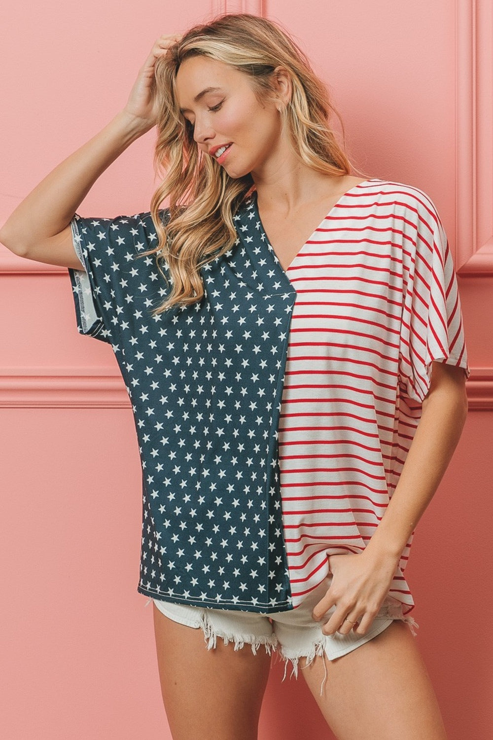 BiBi US Flag Themed Color Block Short Sleeve T-Shirt